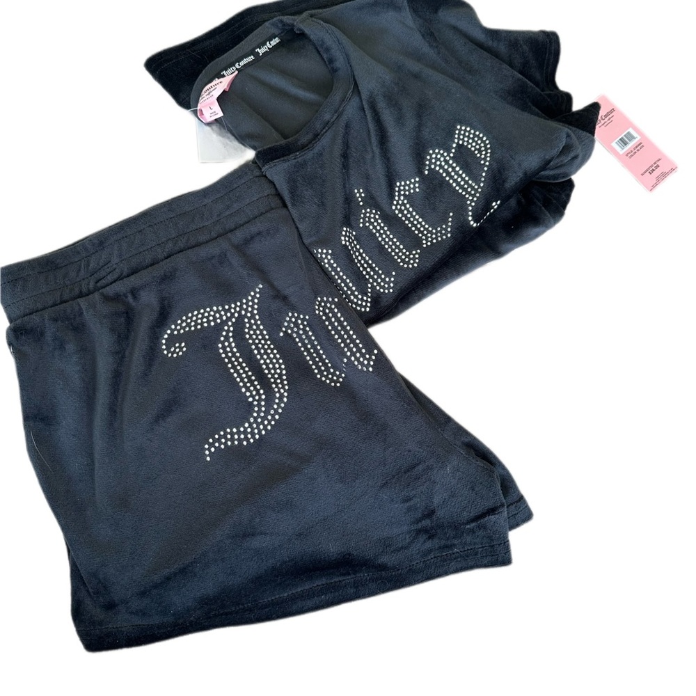 Juicy Couture 2 PC Black Velour Sleepwear Large NWT Shorts + Top Pajamas Lounge - Picture 9 of 10